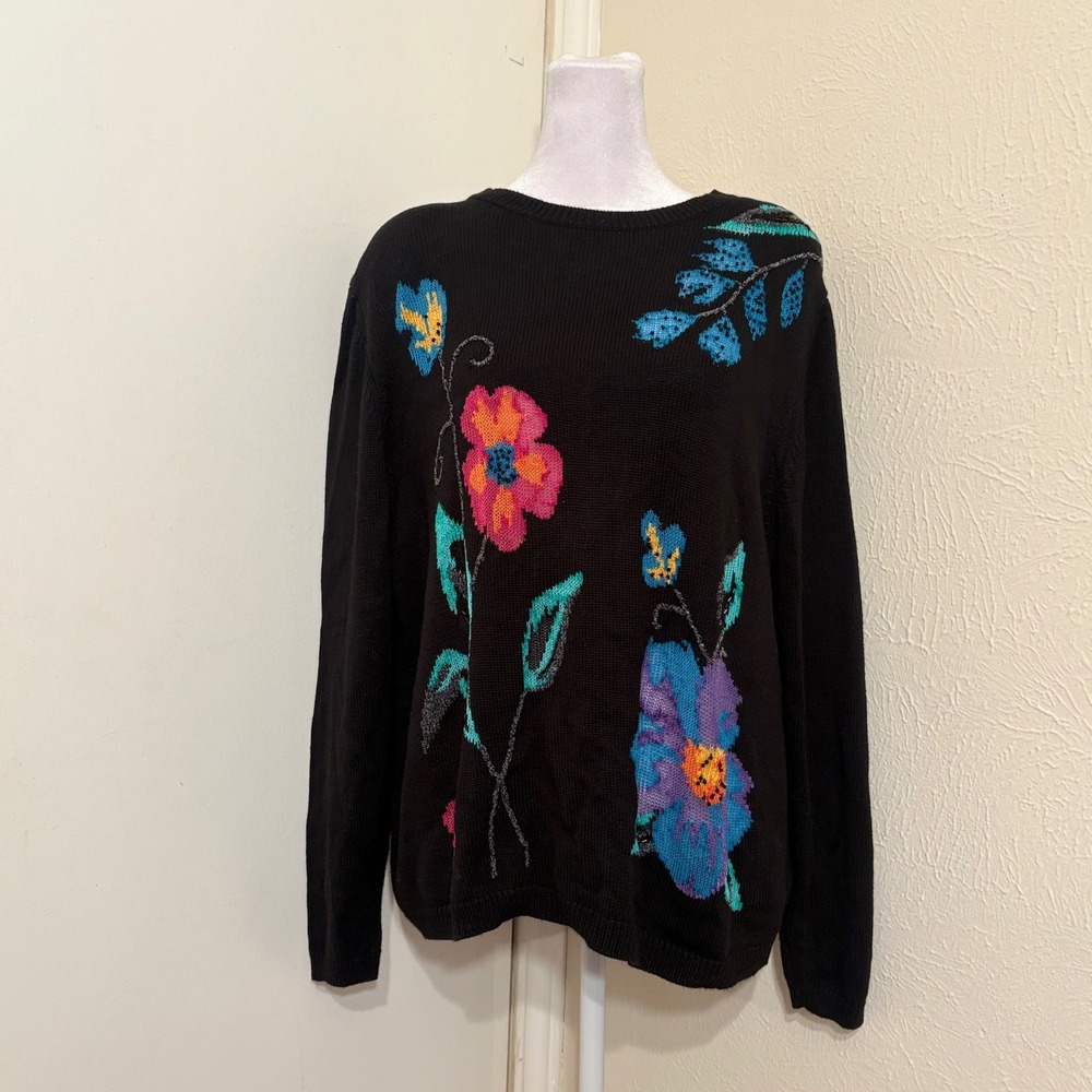 Artsy Beaded Floral Black Knit Sweater Colorful Fairycore Whimsical 90s Vtg XL